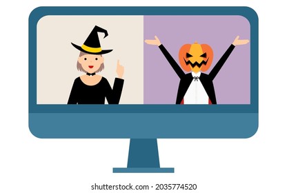 Boys and girls in costumes having an online Halloween party