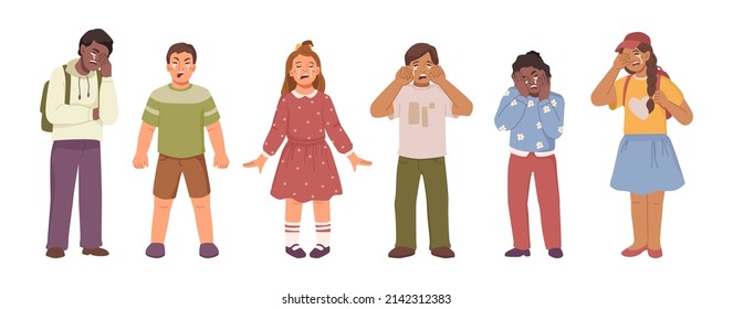 Boys and girls crying, expression of sadness and negative emotions. Vector flat cartoon characters with tears on cheeks and faces. Preschoolers and preteens, upset or offended personages