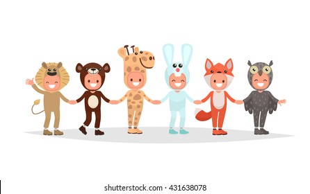 Boys and girls dance in a circle dressed in animal costumes for the masquerade. Costume lion, fox, rabbit, giraffe, bear, owl. Vector illustration of a flat design