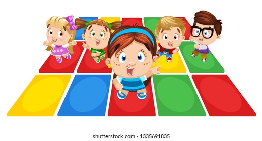 Boys, girls dancing, jumping, doing aerobics, moving the body, enjoying the rhythm. Brunette standing in front and showing to other children movements. School of dance. Cartoon isolated on white.