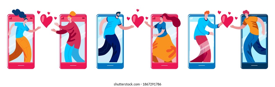 Boys and girls declare their love to each other via a smartphone. Dating and love in social networks. The concept of a vector illustration in a flat style.