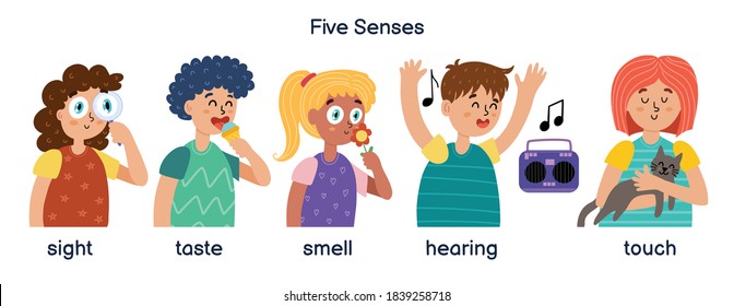 Boys and girls demonstrating five human senses. Kids set for learning material. Sight, taste, smell, hearing and touch. Set of vector illustrations