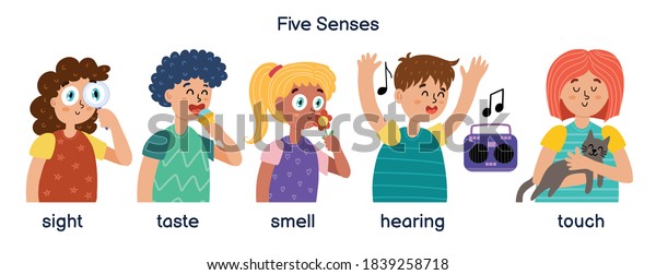 Boys and girls demonstrating five human senses. Kids set for learning material. Sight, taste, smell, hearing and touch. Set of vector illustrations