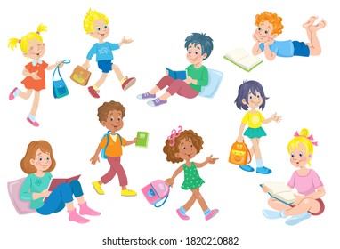Boys and girls of different ages and nationalities with books and school bags. In cartoon style. Isolated on white background. Vector flat illustration.