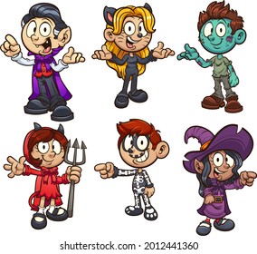 Boys and girls in different Halloween costumes. Vector clip art illustration with simple gradients. Each on a separate layer. 
