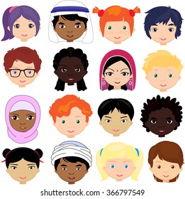 Boys and girls of different nationalities. Multinational children. Kids faces of different cultures. Vector cartoon illustration