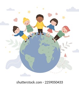 Niños y niñas de diferentes naciones y razas. Niños multiétnicos parados en el mundo mano a mano. Día de la Tierra. Amistad de los pueblos, infancia feliz, paz. Protección infantil. ilustración vectorial plana