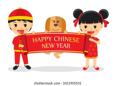 Boys and girls with dog hold signs of chinese new year isolated on white background.