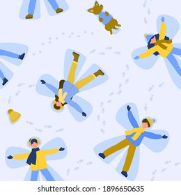 Boys, girls and dogs playing outside on winter and doing snow angels. Happy woman, man and puppy. Winter playtime. Pattern vector