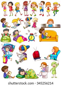 Boys and girls doing activities illustration