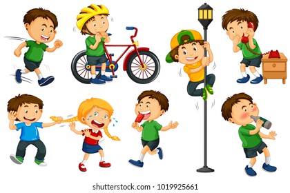 Boys and girls doing different actions illustration