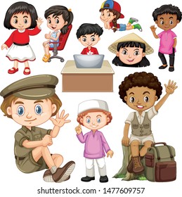 Boys and girls doing different actions illustration