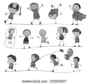 Boys and girls doing different activities illustration