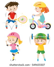 Boys and girls doing different exercise illustration