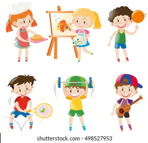 Boys and girls doing different things illustration