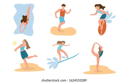 Boys and girls doing summer and water activities vector illustration