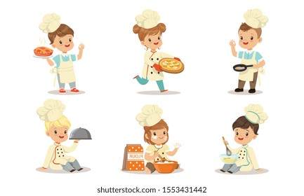 Boys and girls dressed as cooks cook. Vector illustration.