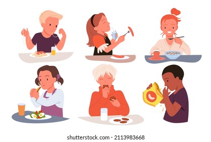 Boys and girls eat food set vector illustration. Cartoon healthy or unhealthy meal on lunch, dinner or breakfast of kid, cute hungry children eating pasta sausage muesli salad isolated on white