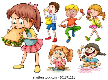 Boys and girls eating different kind of food illustration