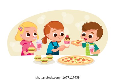 Boys and girls eating fast food. Boy eating pizza. Girl drinking soda and eating burger, cake.