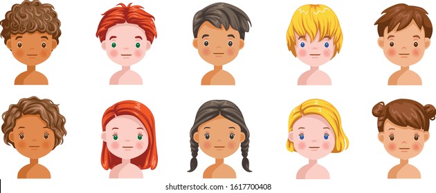 Boys and girls emotions set. feelings be Normal. Face of the child.  Different nationalities are different. Variety of children. Female and male heads. Picture of students. 