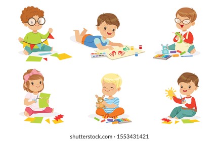 Boys and girls are engaged in creativity. Vector illustration.