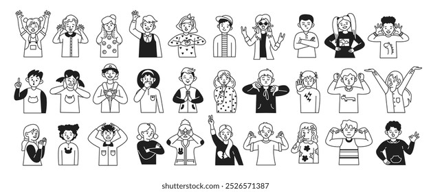 Boys and girls expressing various emotions linear icons collection. Kids showing nonverbal communication and body language characters set