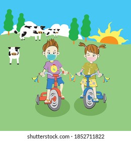 Boys and girls with a face mask ride bicycle outdoors in the park, vector style.