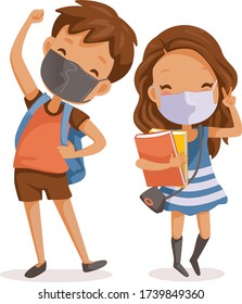 Boys and girls face maskfull body children are standing and smiling. Little boy wear face mask protect virus.  Protect dust PM 2.5. Social distancing concept.Vector cartoon characters and illustration