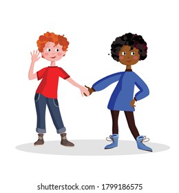 Boys and girls in full growth. Schoolchildren with backpacks set isolated vector illustration. Students, preschoolers. Cartoon happy kids. Multiethnic cute kids.