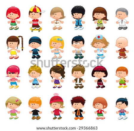 Boys and girls. Funny cartoon and vector isolated characters
