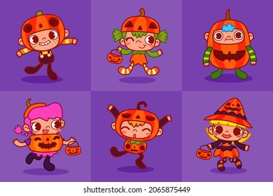 Boys and girls in funny and cute pumpkin costume for Halloween party. Kids in pumpkin costume cartoon character design.