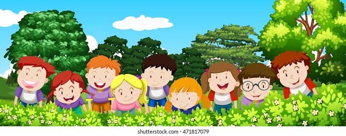 Boys and girls in the garden at daytime illustration