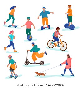Boys and girls go in for outdoors activity:running,walking dog,roller skating,skateboarding,bicycling,using electric scooter, monocycle,hoverboard. Set of flat cartoon vector isolated illustrations.