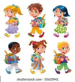 Boys and girls go to school. Funny cartoon and vector characters