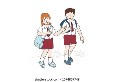 
Boys and girls are going to school. Modern design vector illustration