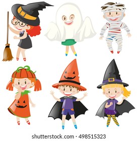 Boys and girls in halloween costumes illustration