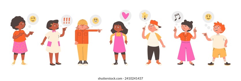 Boys and girls hands pointing forefingers. Cartoon funny children make a gesture paying attention or joking, showing positive or negative emotions. Vector cute kid character isolated illustrations set