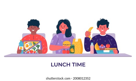 Boys And Girls Having Breakfast Or Lunch Meals. Kids, People Eating, Drinking Healthy Food, Drinks. Children School Lunch Boxes With Meal, Hamburger, Sandwich, Juice, Snacks, Fruit, Vegetables.Vector.