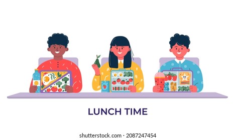 Boys and girls having breakfast or lunch meals. Kids, people eating, drinking diverse food, drinks. Children school lunch boxes with meal, hamburger, sandwich, juice, snacks, fruit, vegetables.Vector