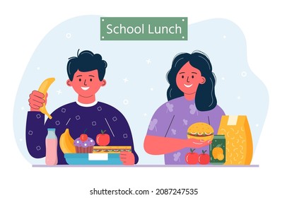 Boys and girls having breakfast or lunch meals. Kids, people eating, drinking diverse food, drinks. Children school lunch boxes with meal, hamburger, sandwich, juice, snacks, fruit, vegetables.Vector