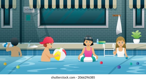 Boys and girls are having fun in the swimming pool.
