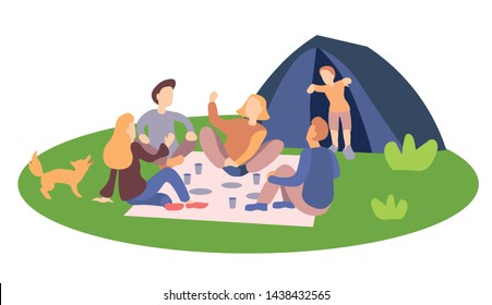 Boys and girls having lunch and camping at park. Friends chatting eating meal at picnic. Group of men and women relax in nature. Spring or summer leisure outdoor. Flat cartoon vector illustration