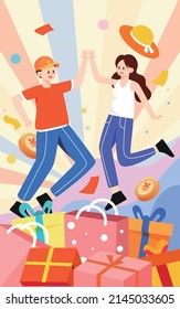 Boys and girls are high fives, shopping online, many shopping bags and gift boxes in the foreground, vector illustration