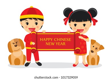 Boys and girls hold signs of chinese new year isolated on white background.
