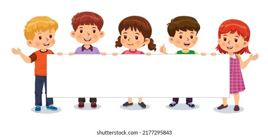 Boys and girls are holding blank posters while standing and smiling. Vector illustration isolated on white background