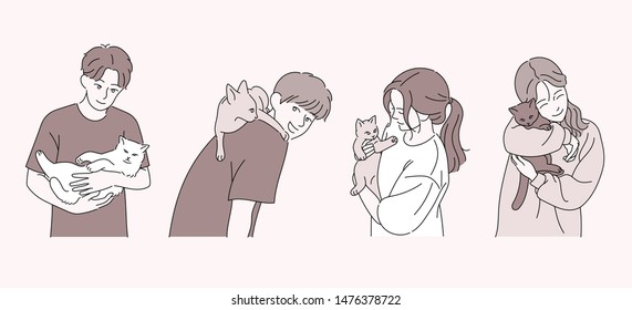 Boys   girls are holding cute cats in their arms   hand drawn style vector design illustrations 