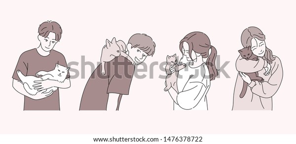 男の子も女の子も可愛い猫を抱いてる 手描きのスタイルのベクター画像デザインイラスト のベクター画像素材 ロイヤリティフリー