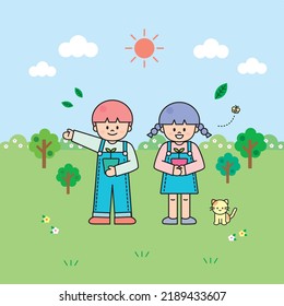 
Boys and girls holding flowerpots outdoors on a spring day