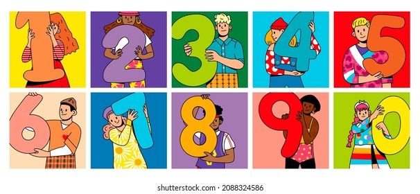 Boys And Girls Holding Numbers. Set Of Happy Joyful People Showing Big Numbers. Education, Birhtday, Celebrating Achievements Concept. Cartoon Comic Style. Hand Drawn Modern Vector Illustration